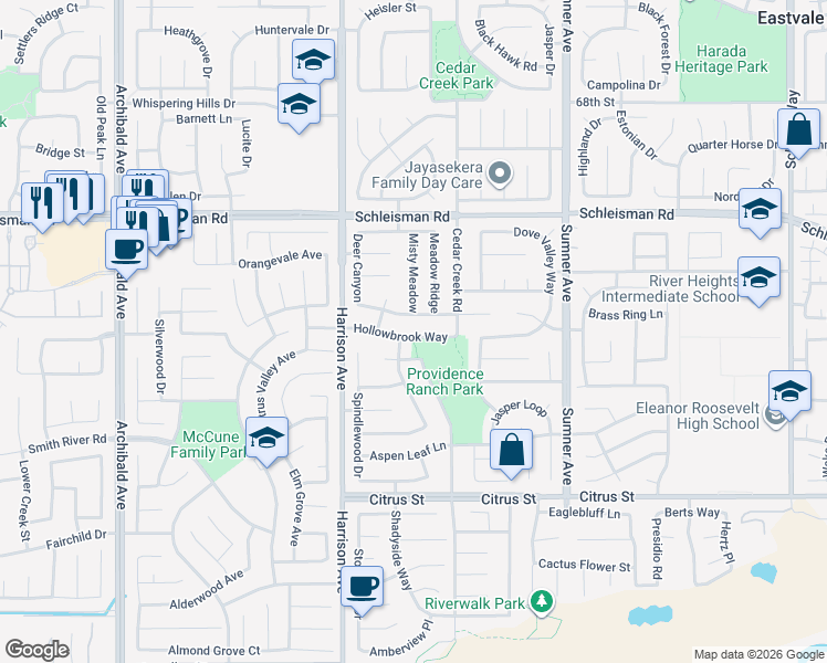 map of restaurants, bars, coffee shops, grocery stores, and more near 13686 Hollowbrook Way in Corona