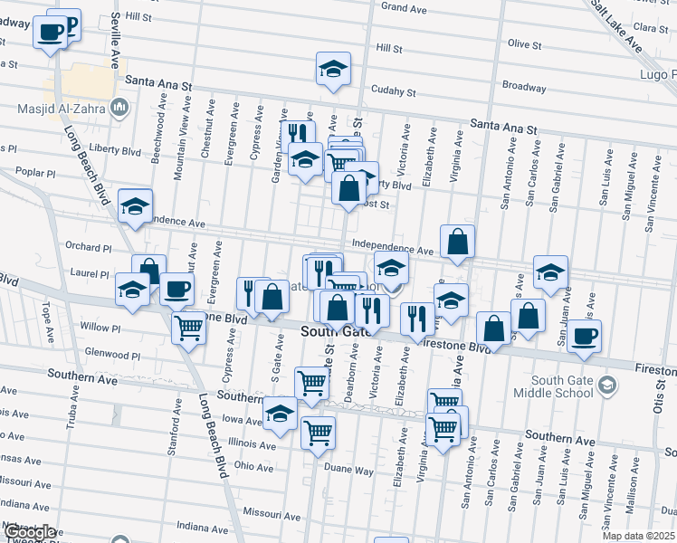 map of restaurants, bars, coffee shops, grocery stores, and more near 8629 State Street in South Gate