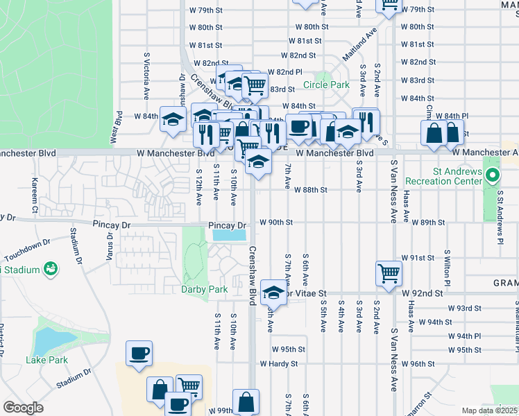 map of restaurants, bars, coffee shops, grocery stores, and more near 8902 Crenshaw Boulevard in Inglewood