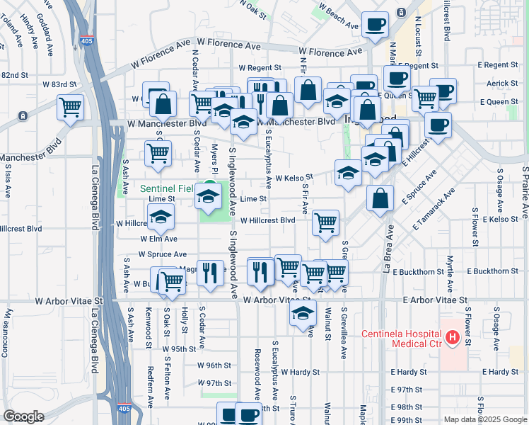 map of restaurants, bars, coffee shops, grocery stores, and more near 323 West Hillcrest Boulevard in Inglewood
