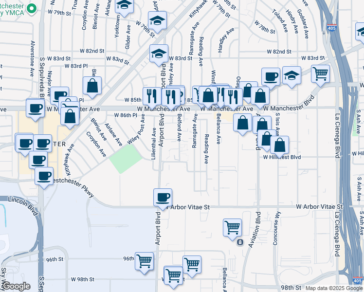 map of restaurants, bars, coffee shops, grocery stores, and more near 8735 Belford Avenue in Los Angeles