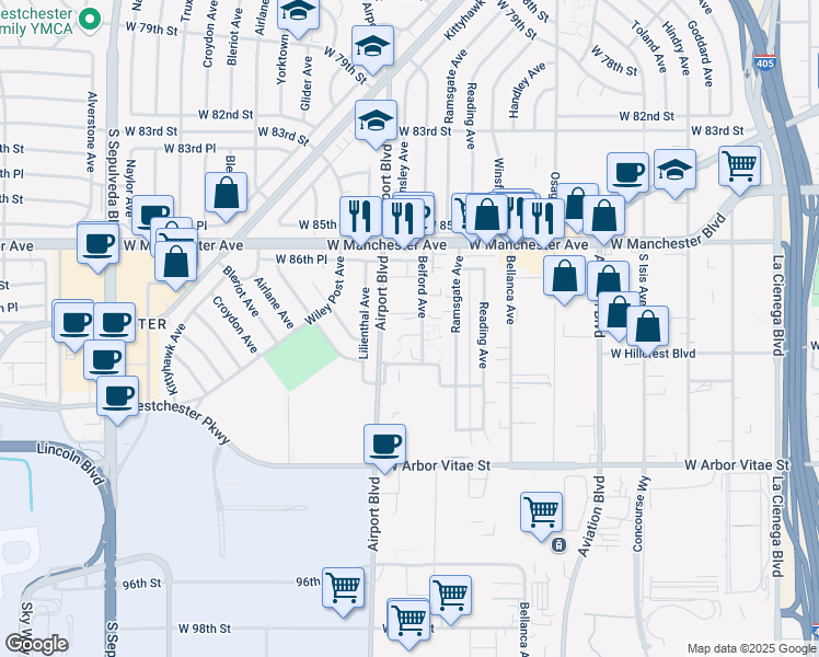 map of restaurants, bars, coffee shops, grocery stores, and more near 8735 Belford Avenue in Los Angeles