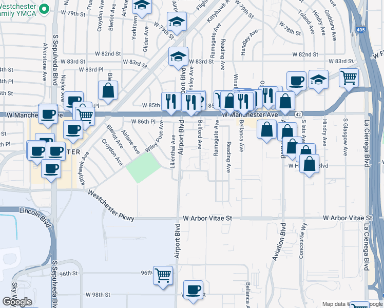 map of restaurants, bars, coffee shops, grocery stores, and more near 8735 Belford Avenue in Los Angeles