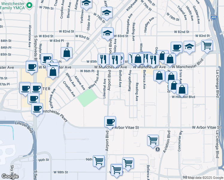 map of restaurants, bars, coffee shops, grocery stores, and more near 8735 Belford Avenue in Los Angeles