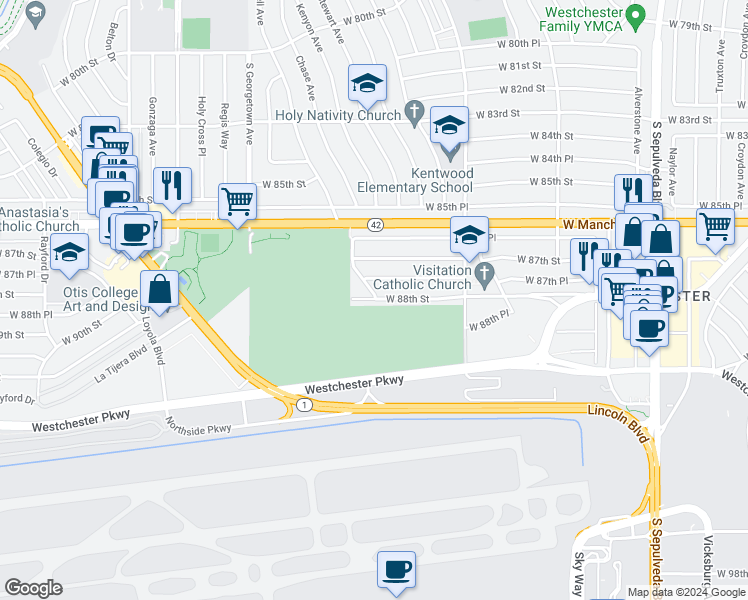 map of restaurants, bars, coffee shops, grocery stores, and more near 8741 McConnell Avenue in Los Angeles