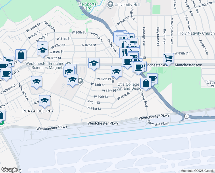 map of restaurants, bars, coffee shops, grocery stores, and more near 7330 West 88th Street in Los Angeles