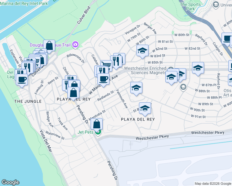 map of restaurants, bars, coffee shops, grocery stores, and more near 8135 Redlands Street in Los Angeles