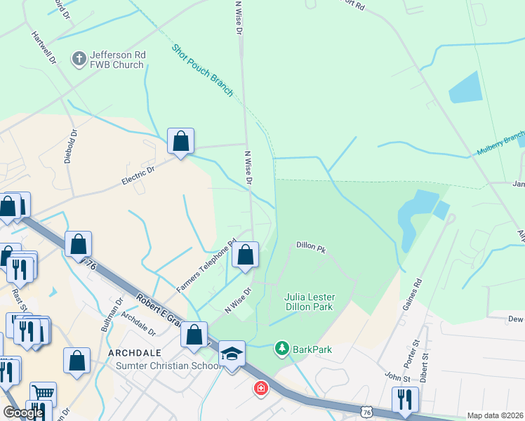 map of restaurants, bars, coffee shops, grocery stores, and more near 690 North Wise Drive in Sumter