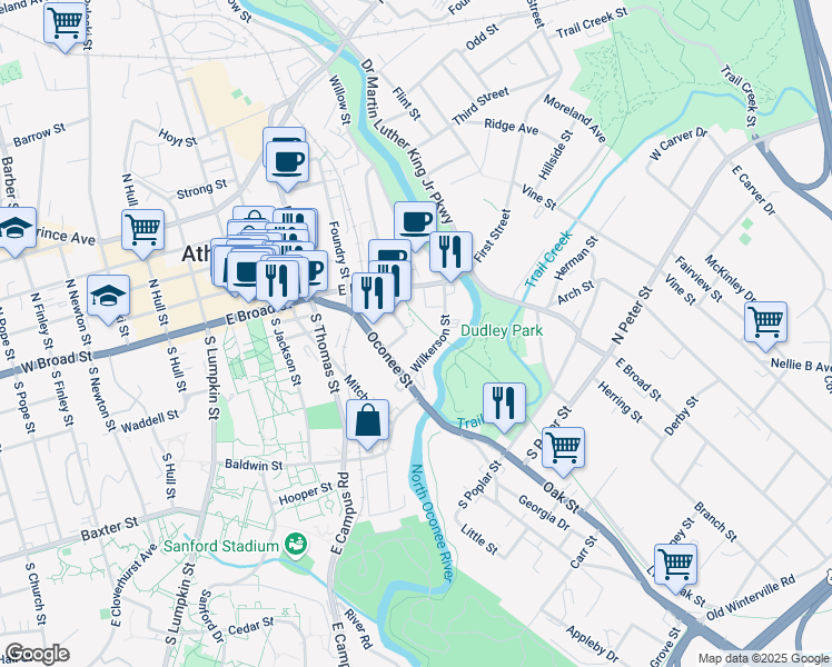 map of restaurants, bars, coffee shops, grocery stores, and more near 800 East Broad Street in Athens