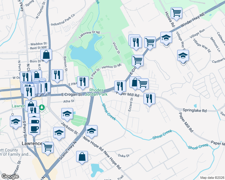 map of restaurants, bars, coffee shops, grocery stores, and more near 139 East Crogan Street in Lawrenceville