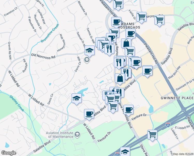 map of restaurants, bars, coffee shops, grocery stores, and more near 2242 Dandridge Drive in Duluth