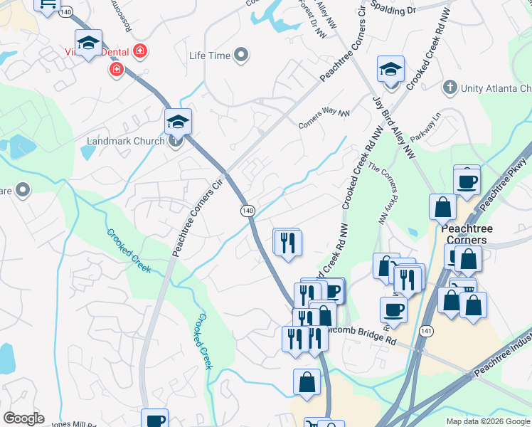 map of restaurants, bars, coffee shops, grocery stores, and more near 3531 Brookwood Court in Norcross
