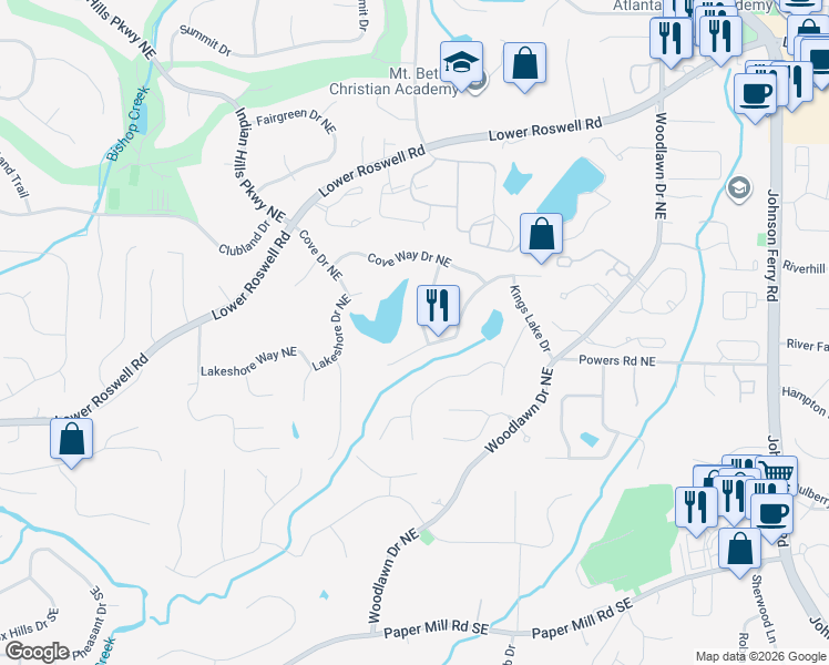 map of restaurants, bars, coffee shops, grocery stores, and more near 311 Cove Island Way Northeast in Marietta