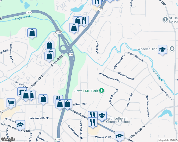 map of restaurants, bars, coffee shops, grocery stores, and more near 286 Indian Trail in Marietta