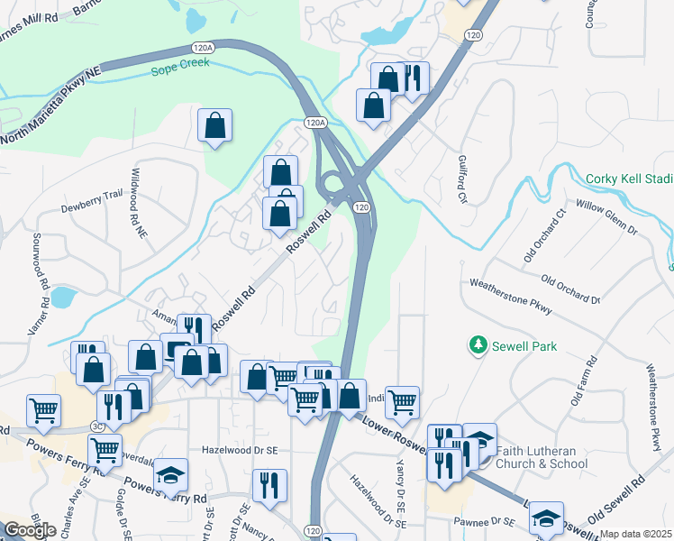 map of restaurants, bars, coffee shops, grocery stores, and more near 1810 Roswell Road in Marietta