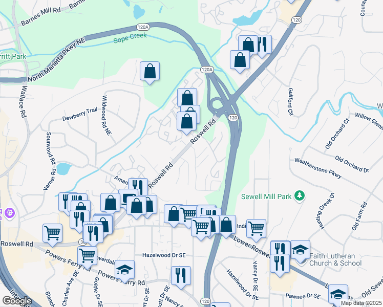 map of restaurants, bars, coffee shops, grocery stores, and more near 1744 Roswell Road in Marietta