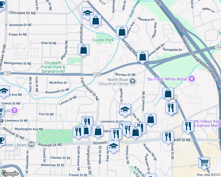map of restaurants, bars, coffee shops, grocery stores, and more near 225 Amy Drive Northeast in Marietta