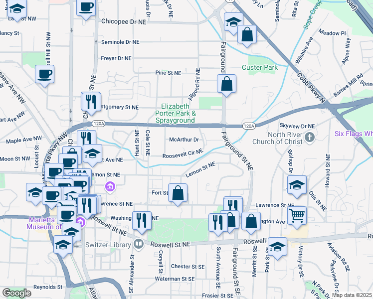 map of restaurants, bars, coffee shops, grocery stores, and more near 415 Roosevelt Circle Northeast in Marietta