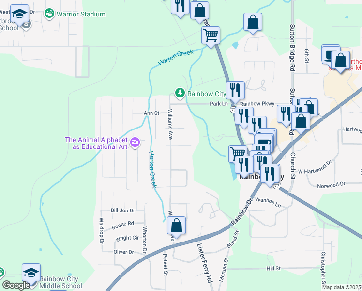 map of restaurants, bars, coffee shops, grocery stores, and more near 101 Ilene Street in Rainbow City