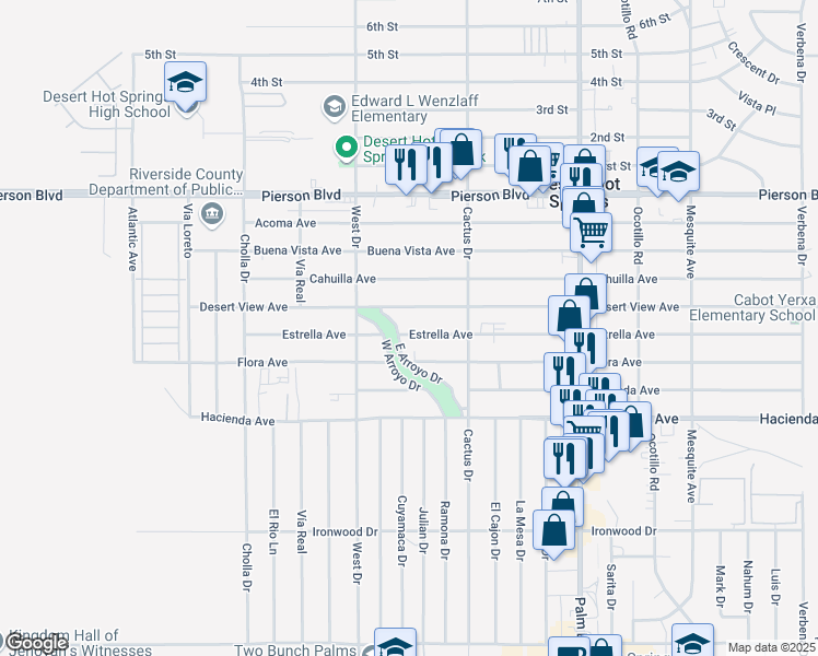 map of restaurants, bars, coffee shops, grocery stores, and more near 66114 Estrella Avenue in Desert Hot Springs