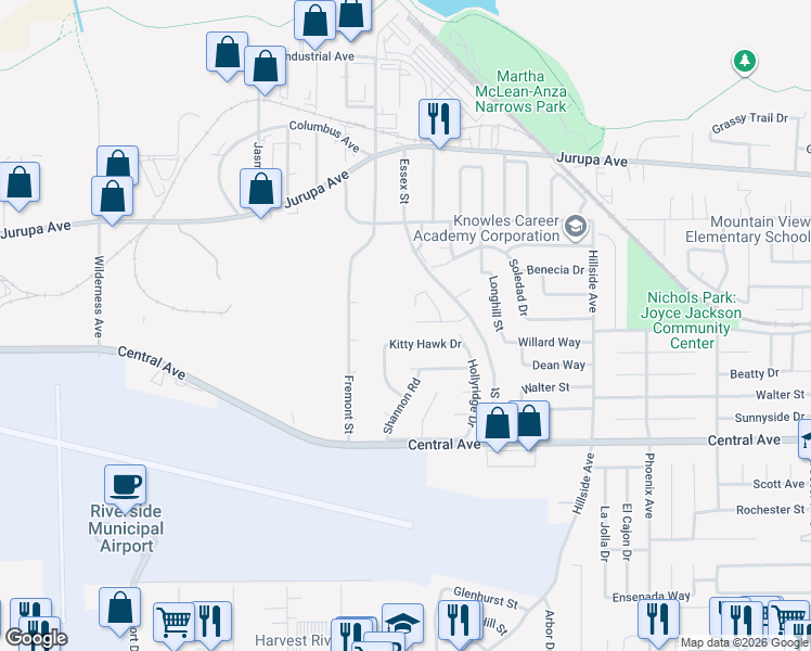 map of restaurants, bars, coffee shops, grocery stores, and more near 6028 Maybelle Street in Riverside