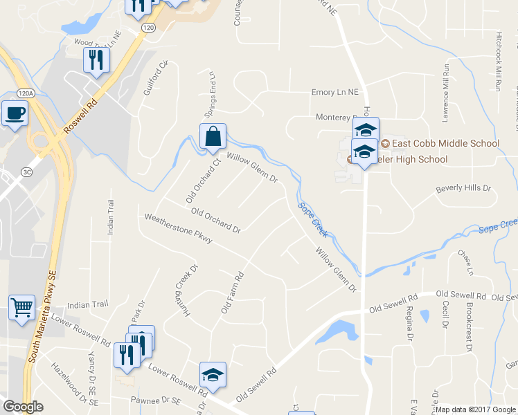 map of restaurants, bars, coffee shops, grocery stores, and more near 2325 Old Orchard Drive in Marietta