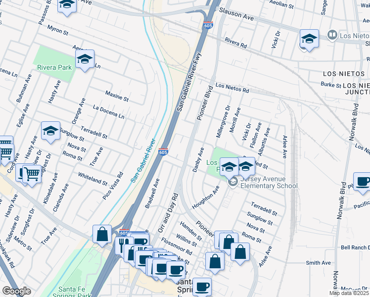 map of restaurants, bars, coffee shops, grocery stores, and more near 9311 Pioneer Boulevard in Santa Fe Springs