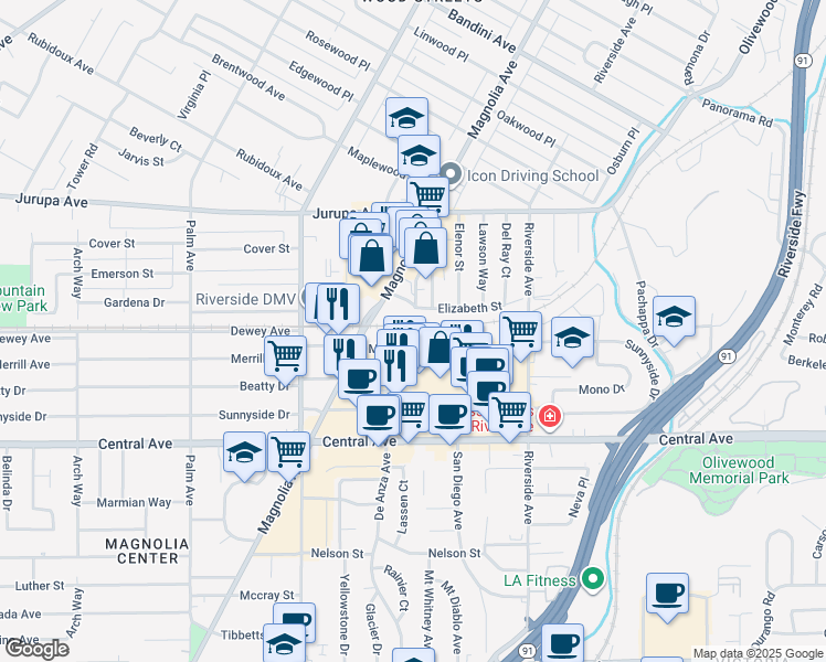 map of restaurants, bars, coffee shops, grocery stores, and more near 3683 Merrill Avenue in Riverside