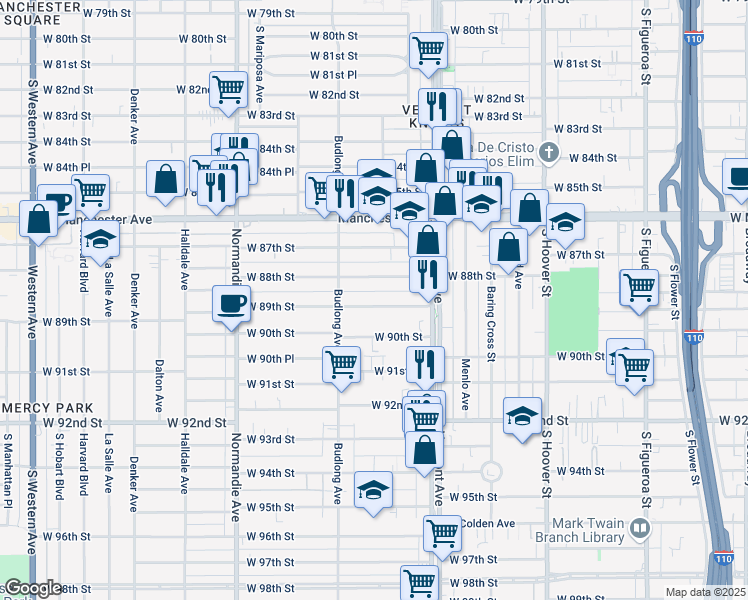 map of restaurants, bars, coffee shops, grocery stores, and more near 1115 West 89th Street in Los Angeles