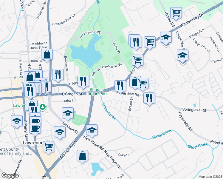 map of restaurants, bars, coffee shops, grocery stores, and more near 108 East Crogan Street in Lawrenceville