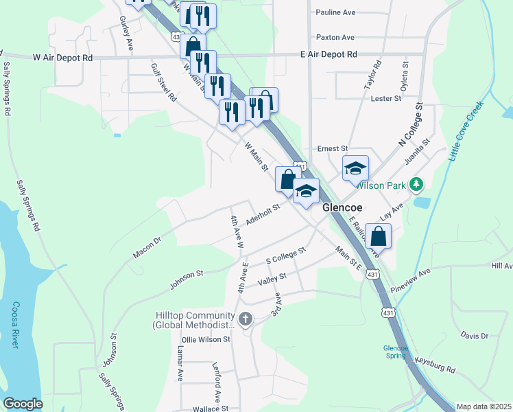 map of restaurants, bars, coffee shops, grocery stores, and more near 204 Macon Drive in Gadsden