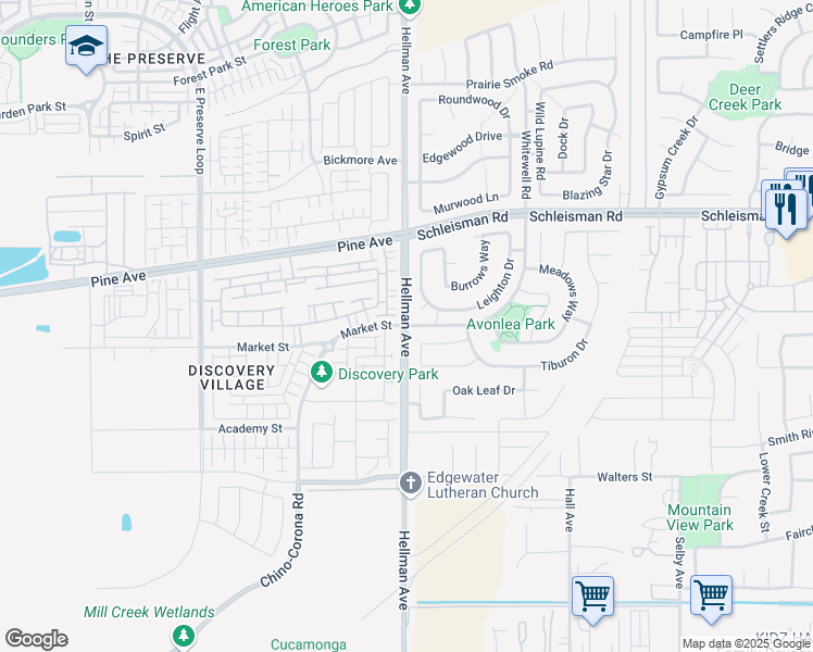 map of restaurants, bars, coffee shops, grocery stores, and more near Hellman Avenue in Eastvale