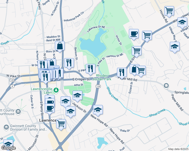 map of restaurants, bars, coffee shops, grocery stores, and more near 30 East Crogan Street in Lawrenceville