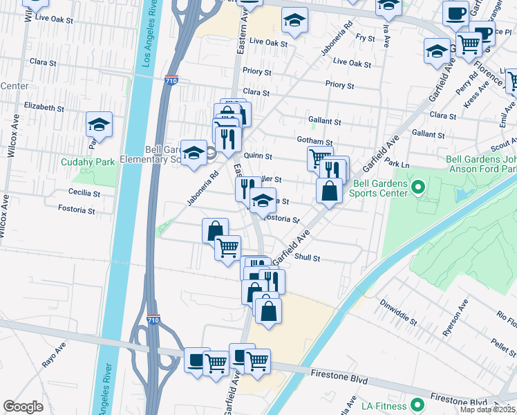 map of restaurants, bars, coffee shops, grocery stores, and more near 5810 Cecilia Street in Bell Gardens