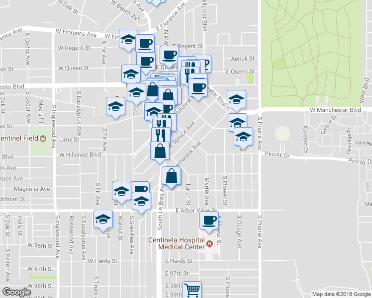 map of restaurants, bars, coffee shops, grocery stores, and more near 229 East Tamarack Avenue in Inglewood