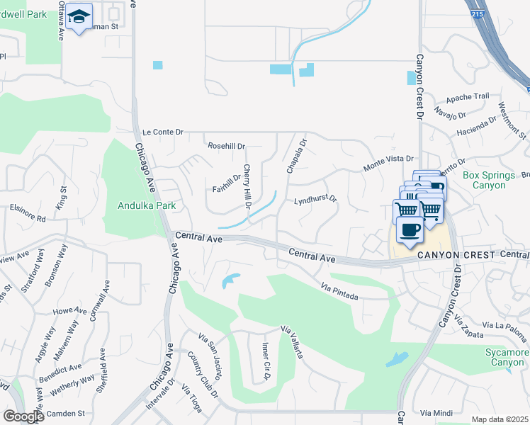map of restaurants, bars, coffee shops, grocery stores, and more near 1321 Grovehill Drive in Riverside