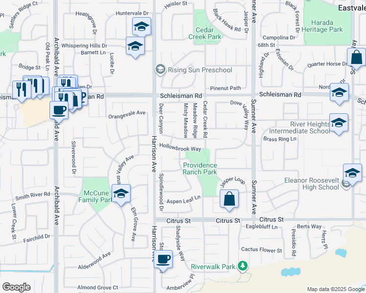 map of restaurants, bars, coffee shops, grocery stores, and more near 13686 Hollowbrook Way in Corona