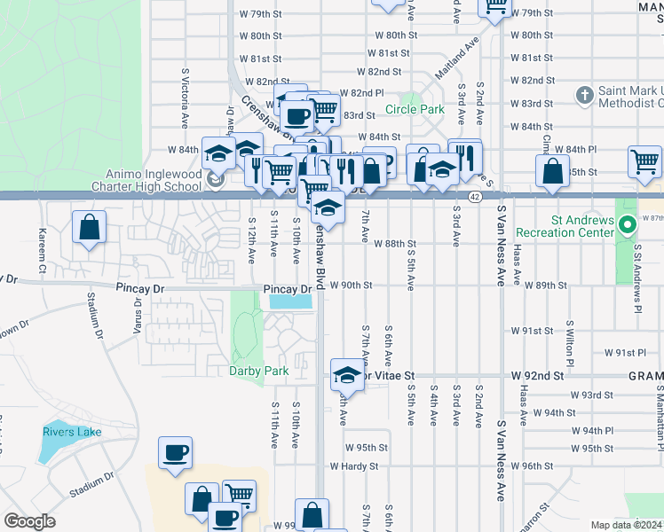 map of restaurants, bars, coffee shops, grocery stores, and more near 8902 Crenshaw Boulevard in Inglewood
