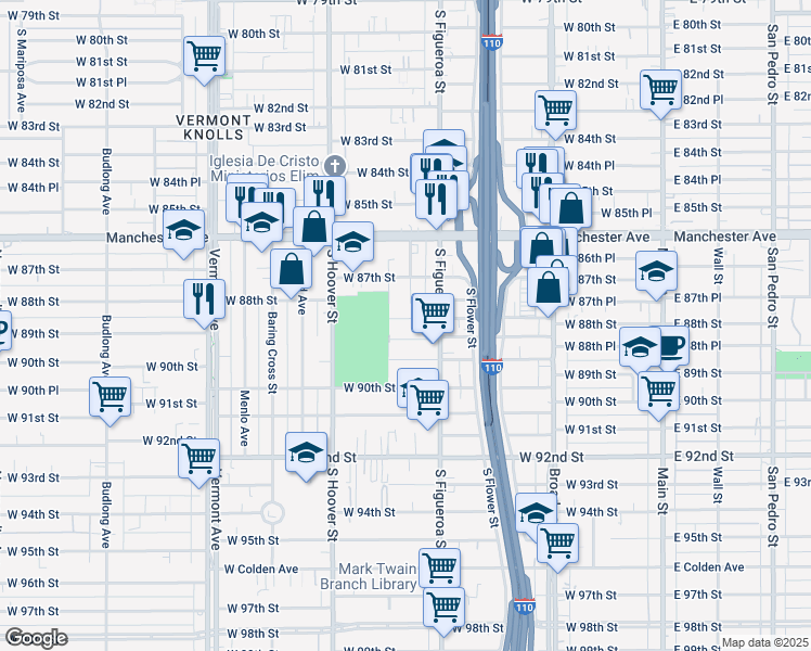 map of restaurants, bars, coffee shops, grocery stores, and more near 544 West 88th Street in Los Angeles