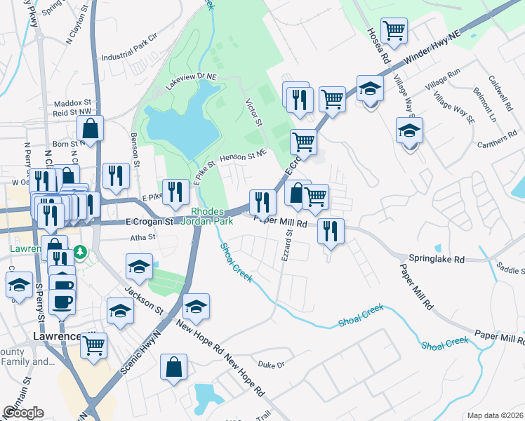 map of restaurants, bars, coffee shops, grocery stores, and more near 139 East Crogan Street in Lawrenceville