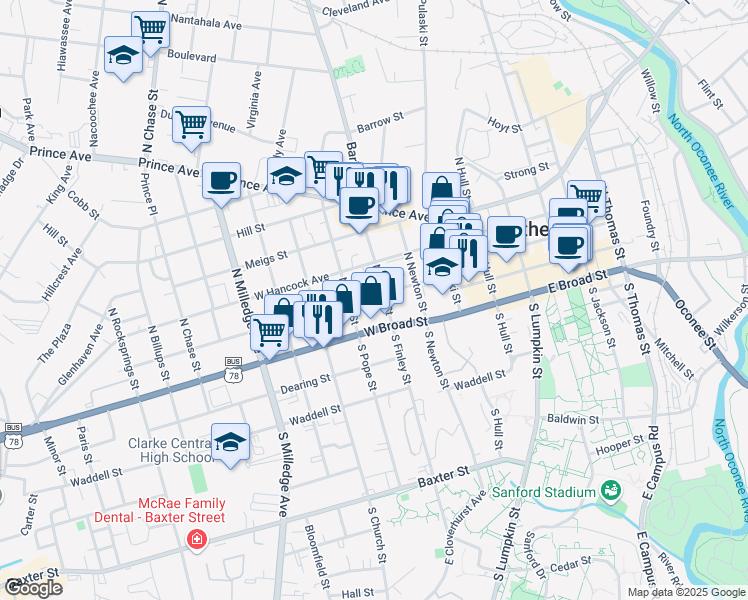 map of restaurants, bars, coffee shops, grocery stores, and more near 337 Reese Street in Athens