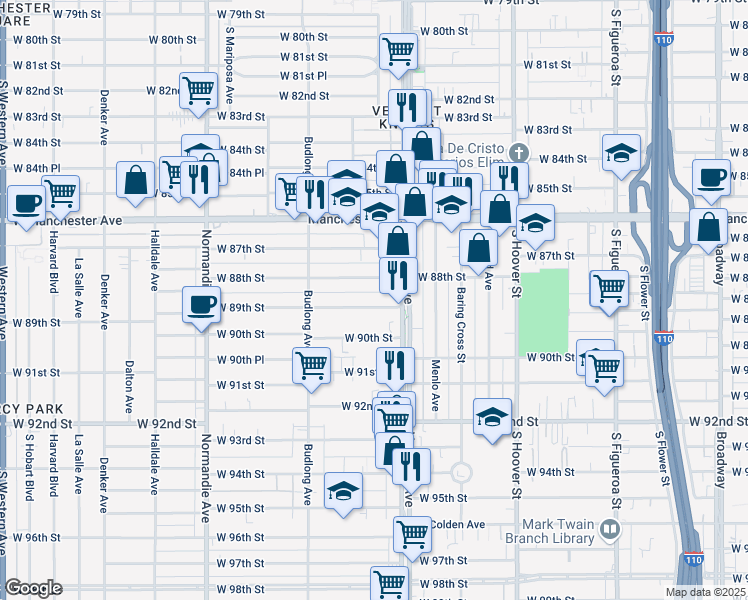 map of restaurants, bars, coffee shops, grocery stores, and more near 1031 West 89th Street in Los Angeles