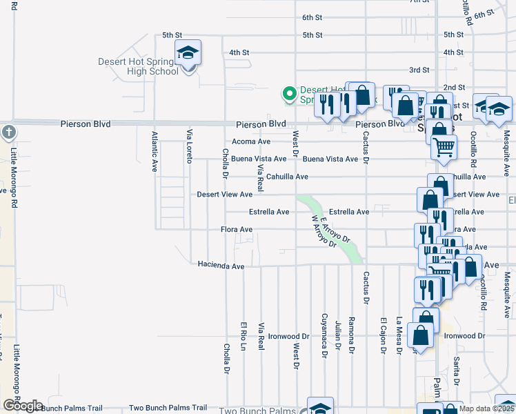 map of restaurants, bars, coffee shops, grocery stores, and more near 65864 Estrella Avenue in Desert Hot Springs