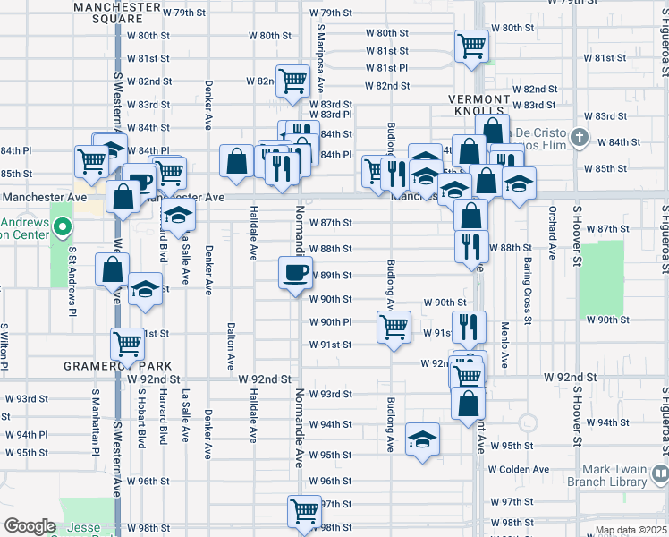 map of restaurants, bars, coffee shops, grocery stores, and more near 1311 West 89th Street in Los Angeles