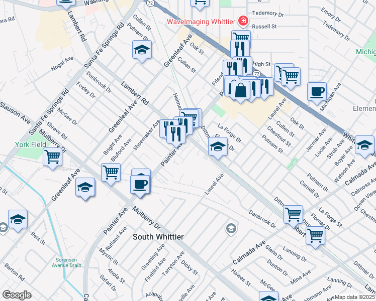 map of restaurants, bars, coffee shops, grocery stores, and more near 13418 Lambert Road in Whittier