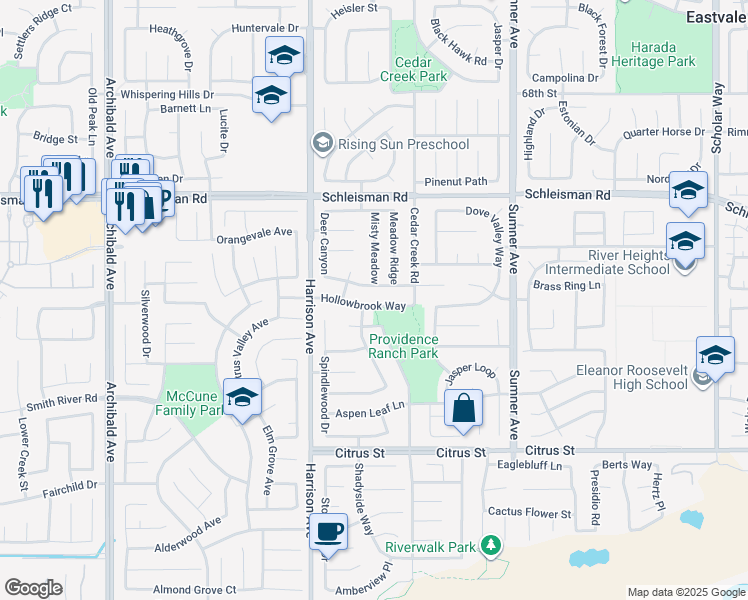 map of restaurants, bars, coffee shops, grocery stores, and more near 13686 Hollowbrook Way in Corona