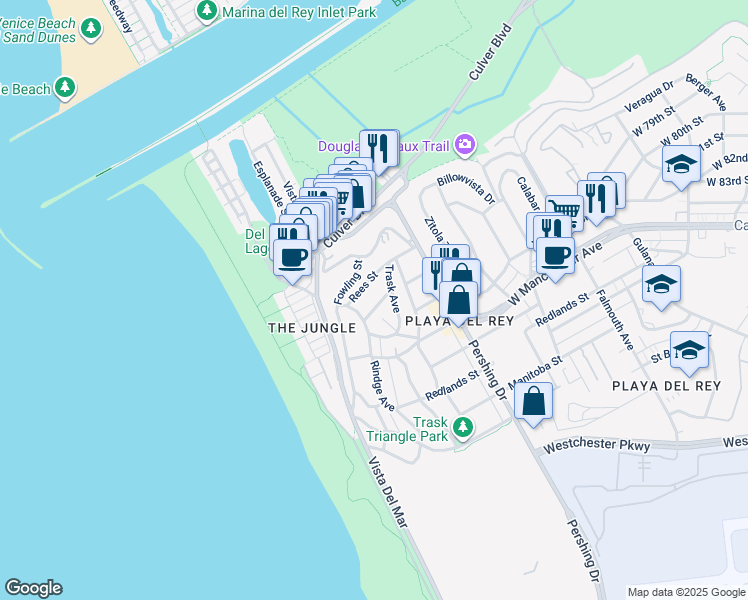 map of restaurants, bars, coffee shops, grocery stores, and more near 225 Sunridge Street in Los Angeles