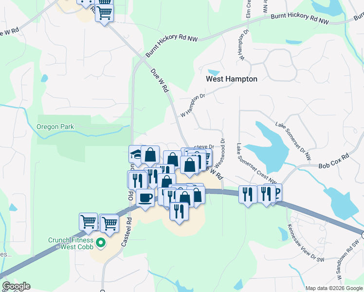 map of restaurants, bars, coffee shops, grocery stores, and more near 3467 Whisperwood Court Northwest in Marietta