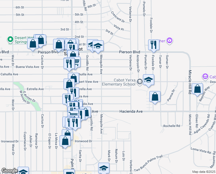 map of restaurants, bars, coffee shops, grocery stores, and more near 66806 Estrella Avenue in Desert Hot Springs