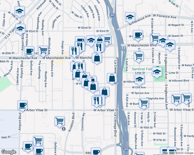 map of restaurants, bars, coffee shops, grocery stores, and more near 440 Hindry Avenue in Inglewood